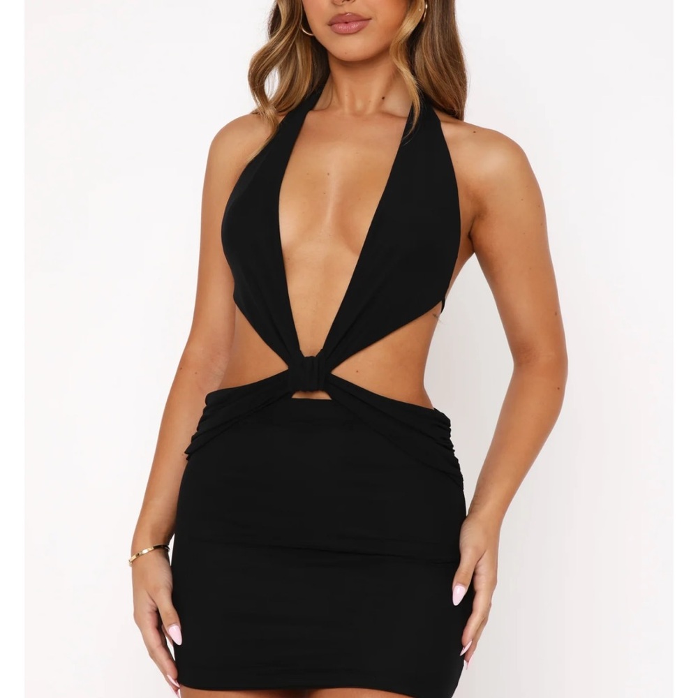 White Fox Boutique Black Mini Dress with Cut Outs and Plunge Neckline